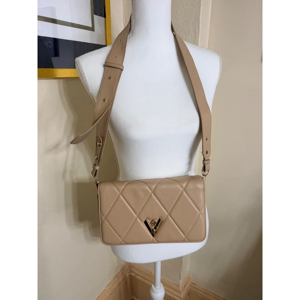 Valentino Orlandi Beige Quilted Leather Crossbody Bag Gold Hardware V Logo